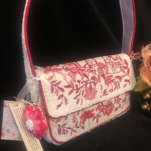 NWT Pretty Pink & White Beaded Bag with Charm